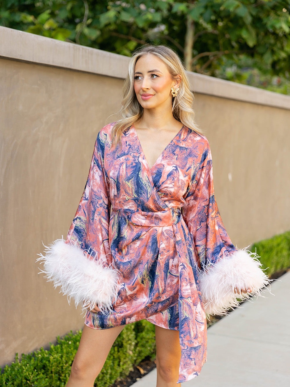 Buddy Love Pink Marble-Print Satin Robe with Feather Cuffs